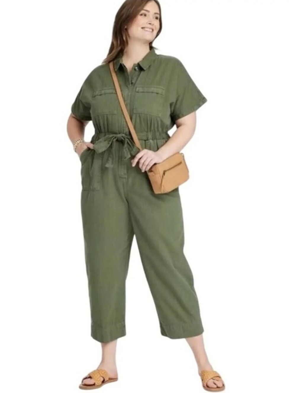 UNIVERSAL THREAD Short Sleeve Button Front Olive Green Utility Jumpsuit LIKE NEW